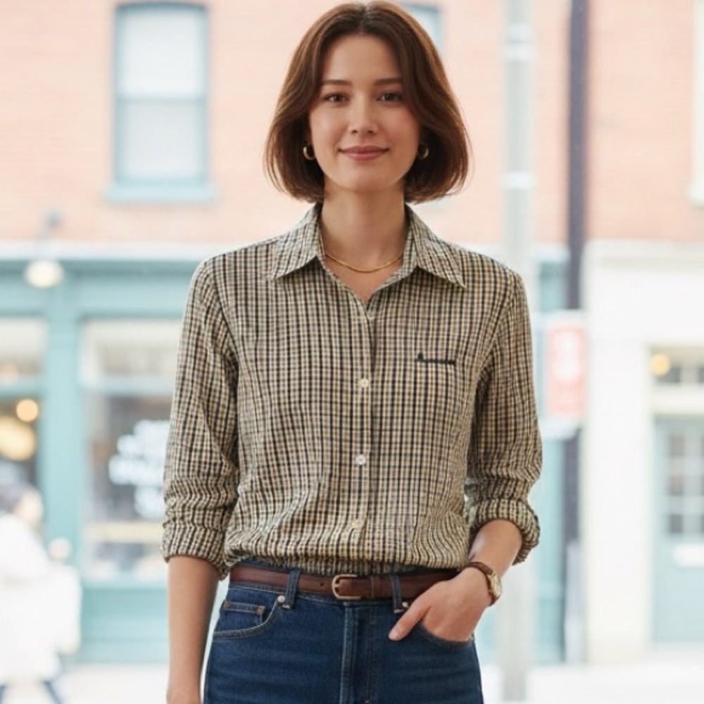 Aquascutum London Beige and Navy Checked Button-Down Shirt